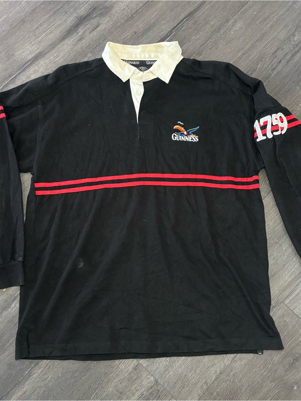 Official Guinness Rugby Shirt Toucan 1759 Black Red Striped Mens XL Long Sleeve